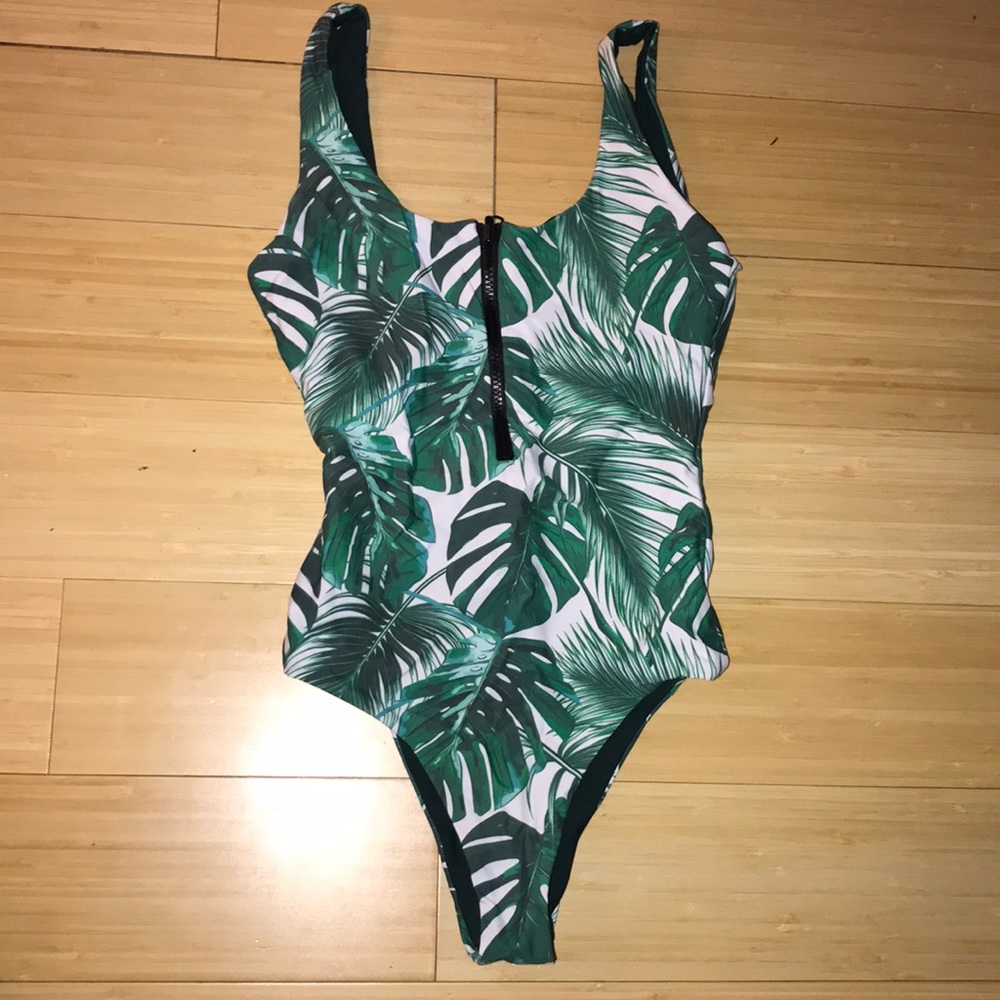 Reversible palm leaf/green one-piece swimsuit